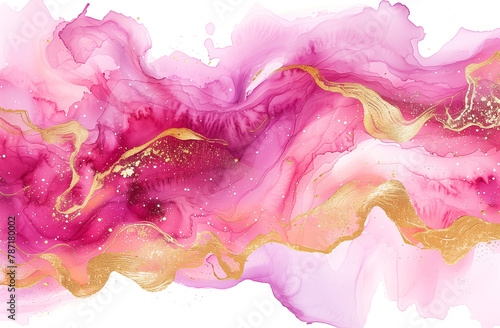 A stunning watercolor illustration features blush and gold abstract shapes on a white background. Soft color blending and fluid brush strokes create an elegant style with glitter accents