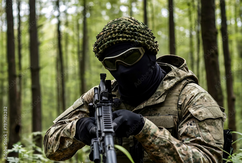 Soldier sniper in disguise military camouflage shooting from weapon in forest nature, unrecognizable masked. Military man guard in country border holding weapon on war, outdoors. Copy ad text space