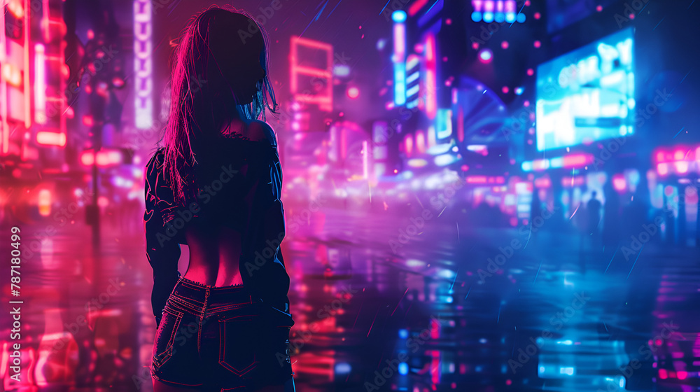 Neon night club girl illustration, generative Ai