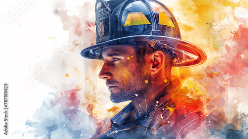 A man in a fireman's hat is the main subject of the image
