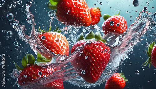 Ripe red strawberries bob in cool water, some frozen in ice cubes Ai Generator