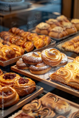 Assortment of delicious pastries and breads on a tray for sale in a bakery.