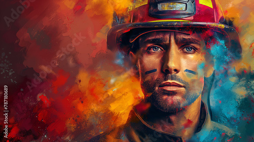 A man in a fireman's hat is painted on a colorful background