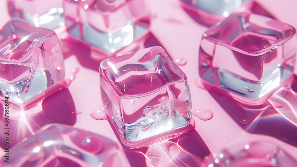 ice cubes on pink background , frozen water, cooling and coolness during the summer heat, high air temperature, hot day