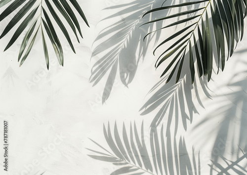 Abstract shadows of palm leaves create captivating patterns on a white concrete wall background  presented in a flat lay composition. This image embodies a summer concept  offering ample copy space 