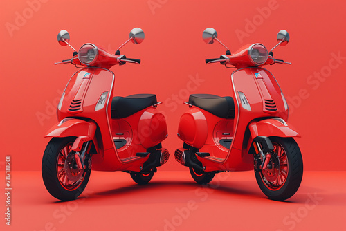 Two red scooters on red background illustration 3d render