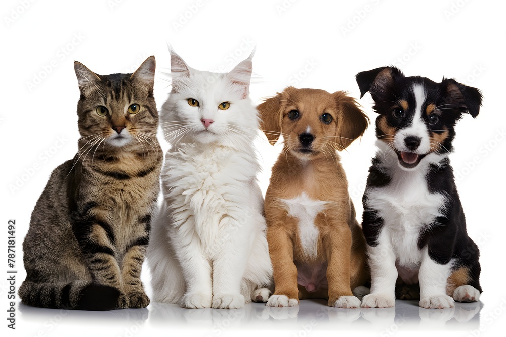 Four animals in a row, two cats and two dogs. On the left, there's a tabby cat with striped fur, sitting upright. Next to it is a white cat with long, fluffy fur, looking straight ahead.