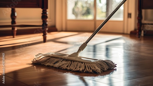A well-lit room with wooden flooring. In the foreground, there's a mop with a white head and a long handle, positioned on the floor. The mop's head is designed to easily glide over the wooden surface.