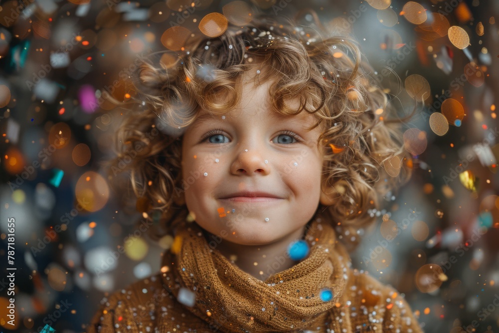 A joyful child with curly hair is smiling, surrounded by floating confetti and glitter, creating a festive atmosphere A joyful child with curly hair is smiling, surrounded by floating confetti and glitter, creating a festive atmosphere