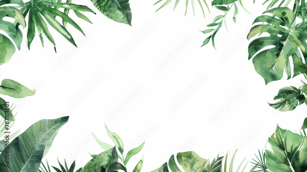 Naklejka premium watercolor green leaves background with copy space in the center