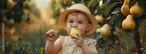 a baby eats pears in a pear orchard.