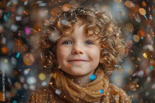 A joyful child with curly hair is smiling, surrounded by floating confetti and glitter, creating a festive atmosphere