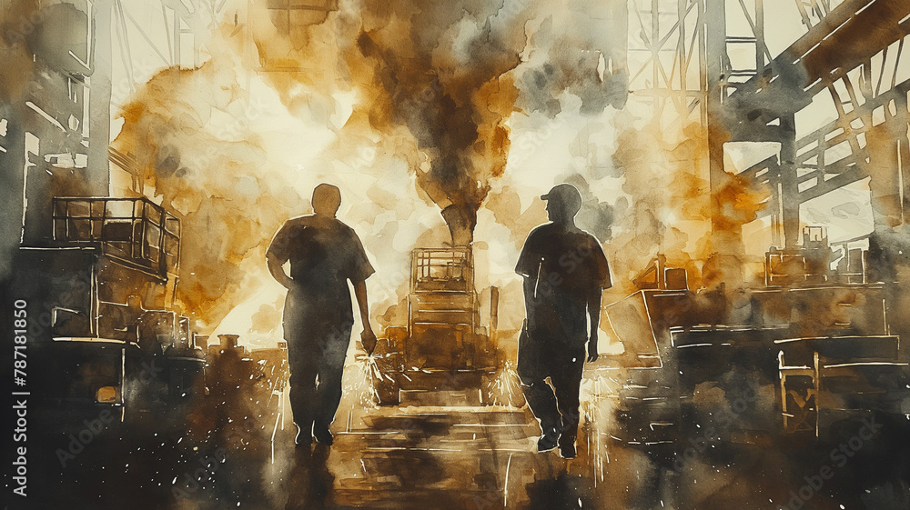 Two men walking in a factory with smoke and steam Two men walking in a factory with smoke and steam