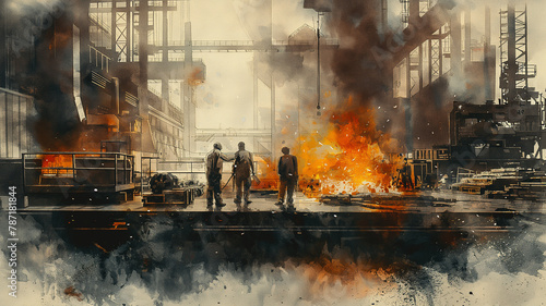 A painting of a factory with three men standing on a platform