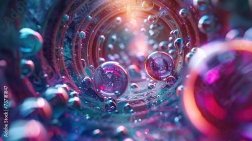 Design of Sci fi background with a technological tunnel Tiny colorful spheres moving on the bumpy tunnel surface photo