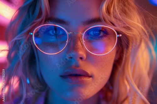 Close-up of a young woman with clear glasses illuminated by vibrant, colorful neon lights, conveying a modern and trendy aesthetic