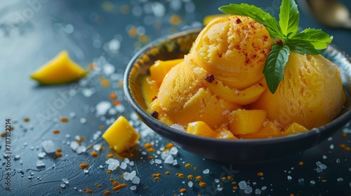 Bright mango sorbet in a dark bowl, garnished with fresh mango chunks, a mint leaf, and sprinkled with sea salt and chili powder, on a textured dark blue surface.