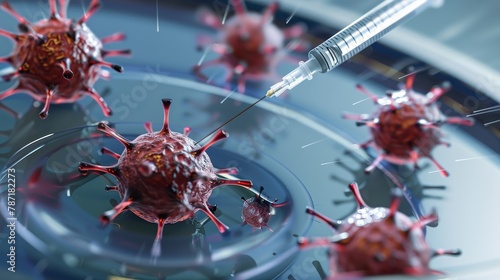 A detailed red virus being targeted by a hypodermic needle, symbolic of vaccination, medical research, and healthcare intervention against infectious diseases. photo
