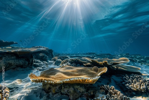 Coral reef with sun rays and marine life © gearstd