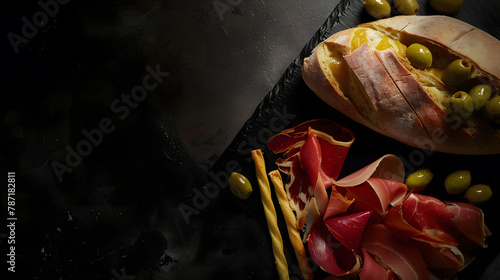 Spanish serrano ham with olives and breadstick on black background Top view Copy space : Generative AI photo
