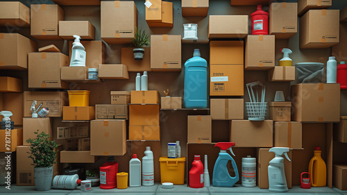 A wall of boxes with various items inside, including a bottle of Windex photo
