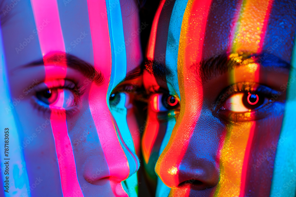 Obraz premium detailed portrait of the faces of two women of different races illuminated with neon lights