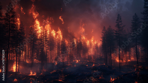 A forest fire is raging through a wooded area, with trees and brush on fire