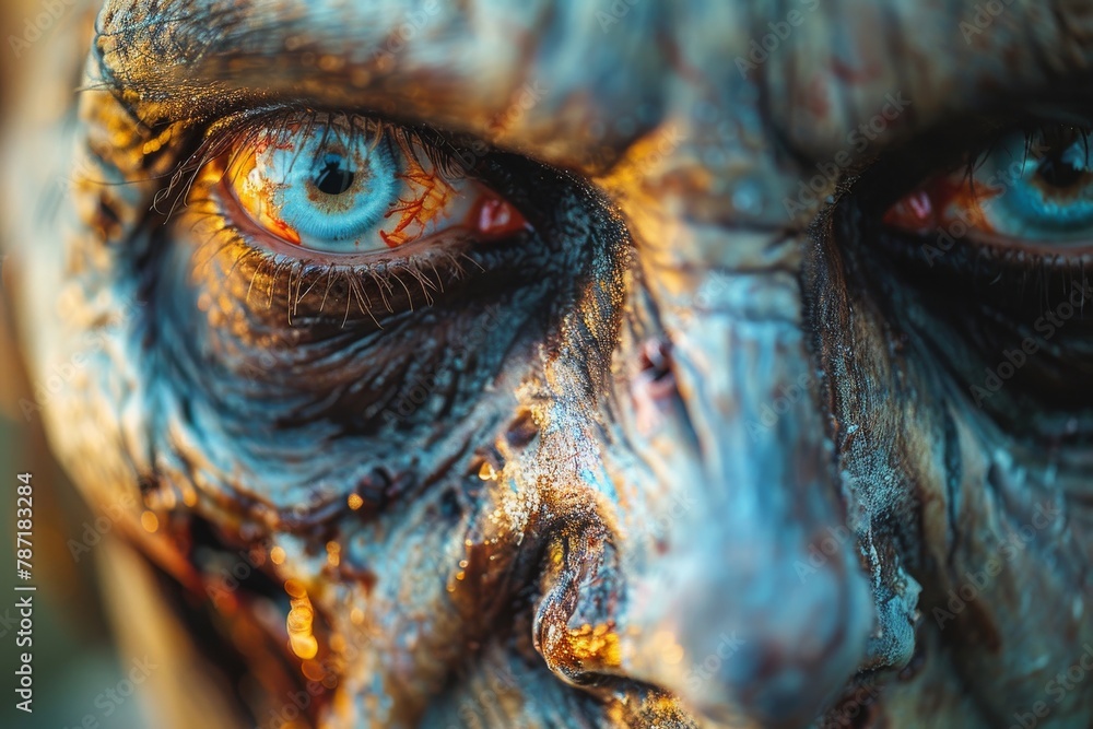A close-up of a zombie featuring intense blue eyes amidst decayed, textured skin