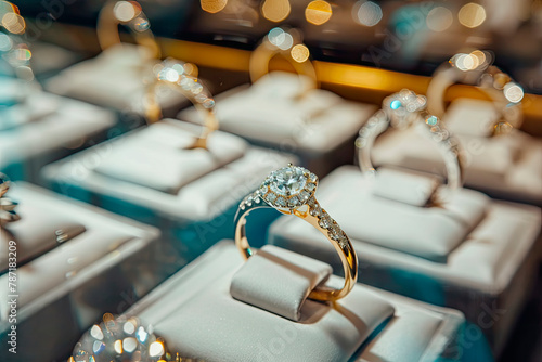 Gold jewelry diamond rings displayed in the window of a luxury store
