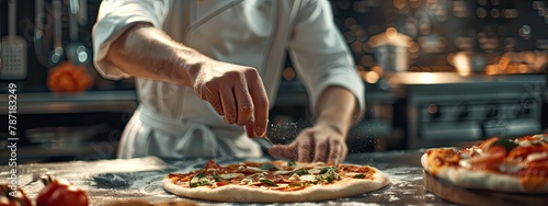A handsome chef prepares a delicious pizza.