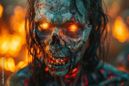 Detailed image of a horrifying creature with glowing red eyes, teeth, and eerie surrounding flames