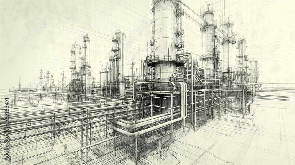 A drawing of a large industrial plant with many pipes and tanks