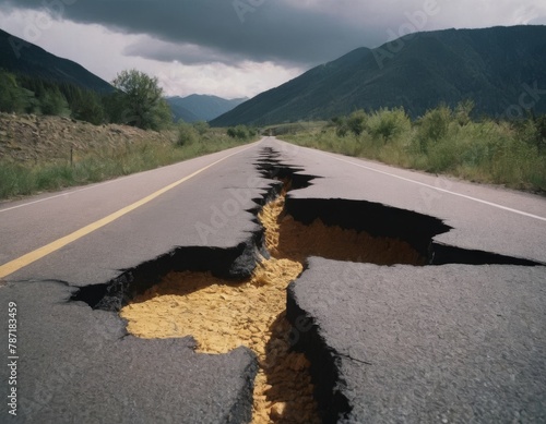 Road after an earthquake. Asphalt is heavily cracked and uneven with clear signs of seismic activity
