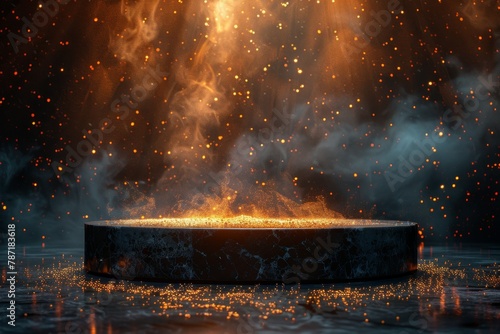 An intense eruption of fiery sparks and smoke emulating from a circular platform in a dramatic display