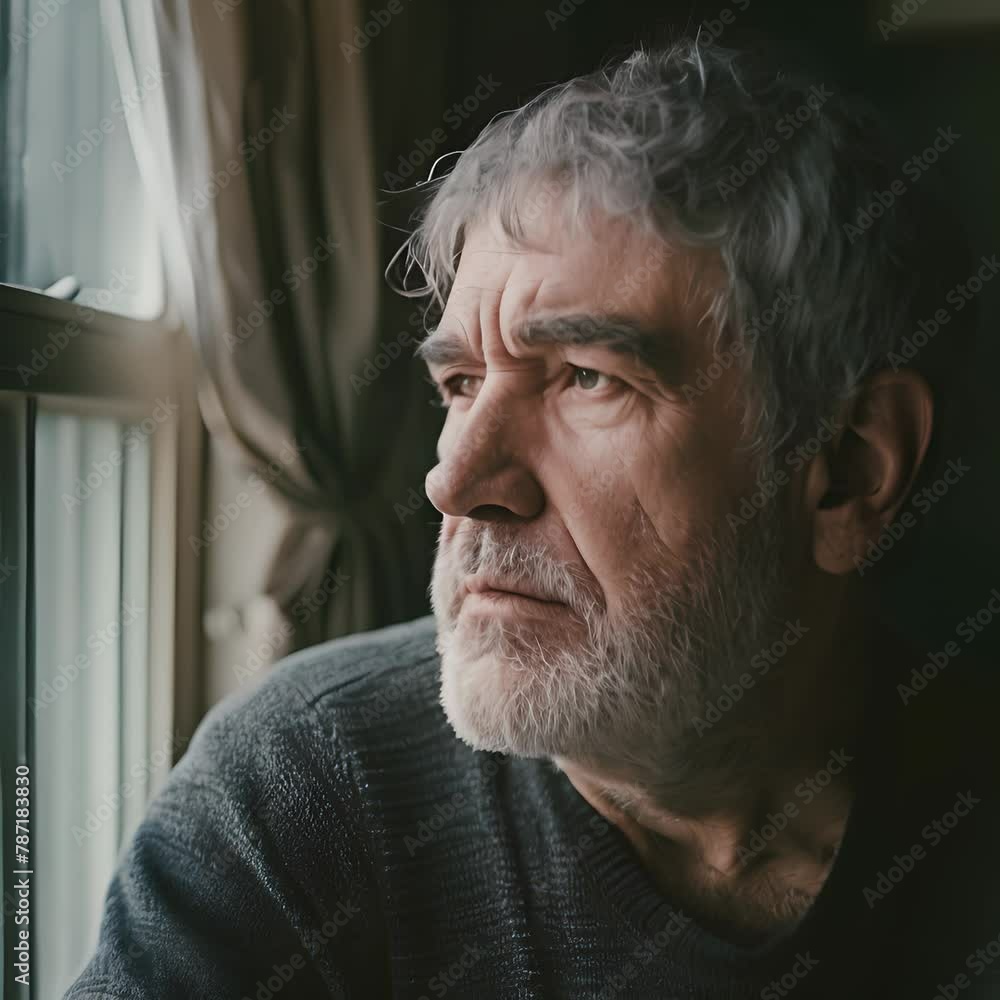 A sad old man looking out the window, with a tear in his eye A sad old man looking out the window, with a tear in his eye