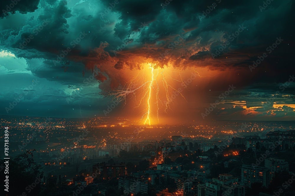 The city lights are dwarfed by the grandeur of a magnificent lightning storm, illuminating the night sky with a fiery glow above the urban landscape