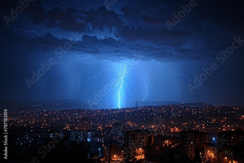 An electrifying night cityscape illuminated by the force of multiple thunderbolts tearing through the sky