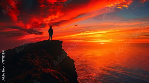 Solitude at Sunset: Silhouette of a Person on a Cliff. Generative ai