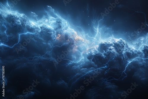 A serene yet powerful display of delicate lightning tracing through ethereal blue clouds in a cosmic dance