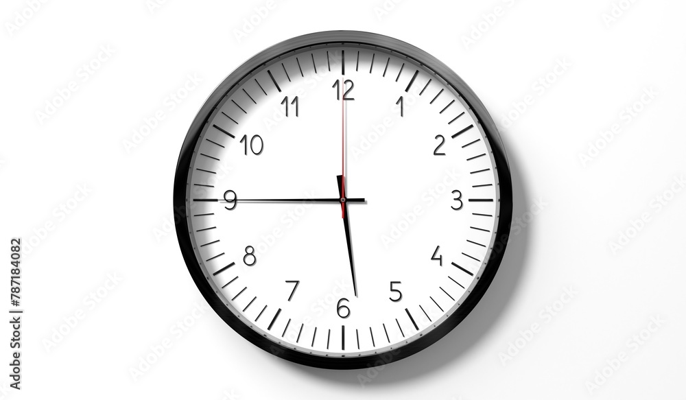 Time at quarter to 6 o clock - classic analog clock on white background - 3D illustration Time at quarter to 6 o clock - classic analog clock on white background - 3D illustration