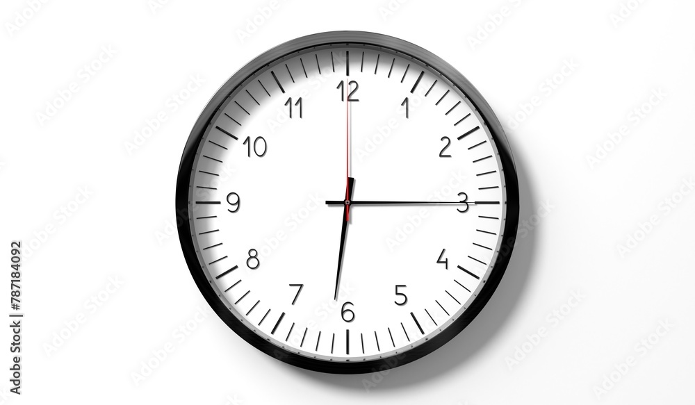 Time at quarter past 6 o clock - classic analog clock on white background - 3D illustration Time at quarter past 6 o clock - classic analog clock on white background - 3D illustration