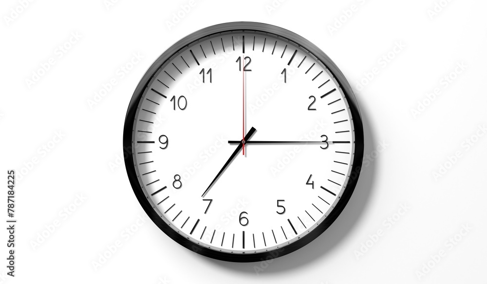 Time at quarter past 7 o clock - classic analog clock on white background - 3D illustration Time at quarter past 7 o clock - classic analog clock on white background - 3D illustration