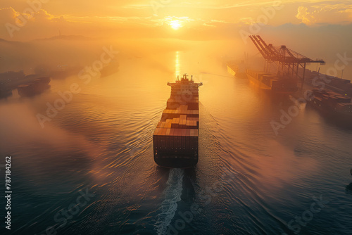 Cargo ship in golden light with calm sea photo