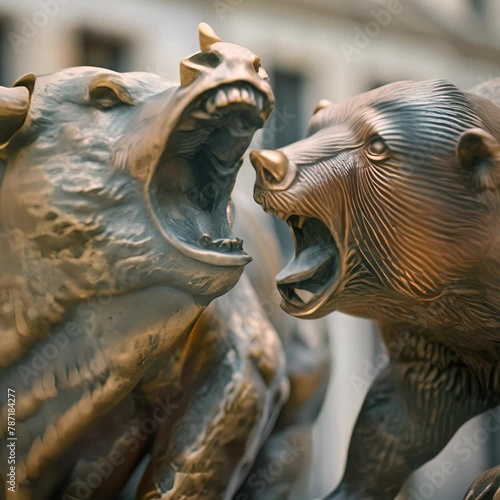 A bronze bull and bear sculpture located in front of the New York Stock Exchange. photo