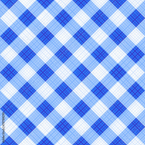 Seamless blue colors gingham fabric cloth, tablecloth, pattern, swatch, background, or wallpaper with fabric texture visible. Diagonal repeat pattern. Single tile here. Vichy checks. 