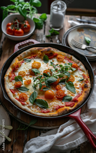 An old-fashioned, rustic kitchen with a cast-iron pan with a freshly made pizza with tomatoes, cheese, herbs and spices; around it are plates of cutlery, fresh oregano leaves