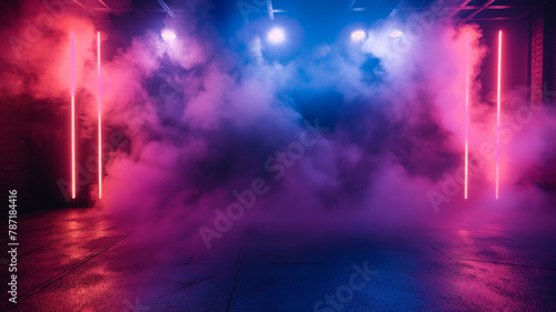 A dark room with purple and blue lights and a lot of smoke