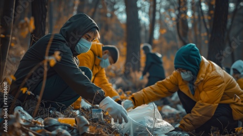 group of people in masks and gloves cleaning forest from trash 