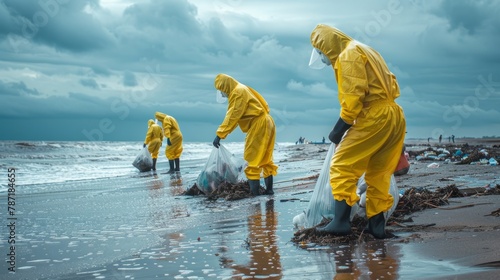 group of people in hazmat costumes clearing beach from trash photo
