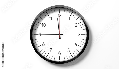 Time at quarter to 12 o clock - classic analog clock on white background - 3D illustration
